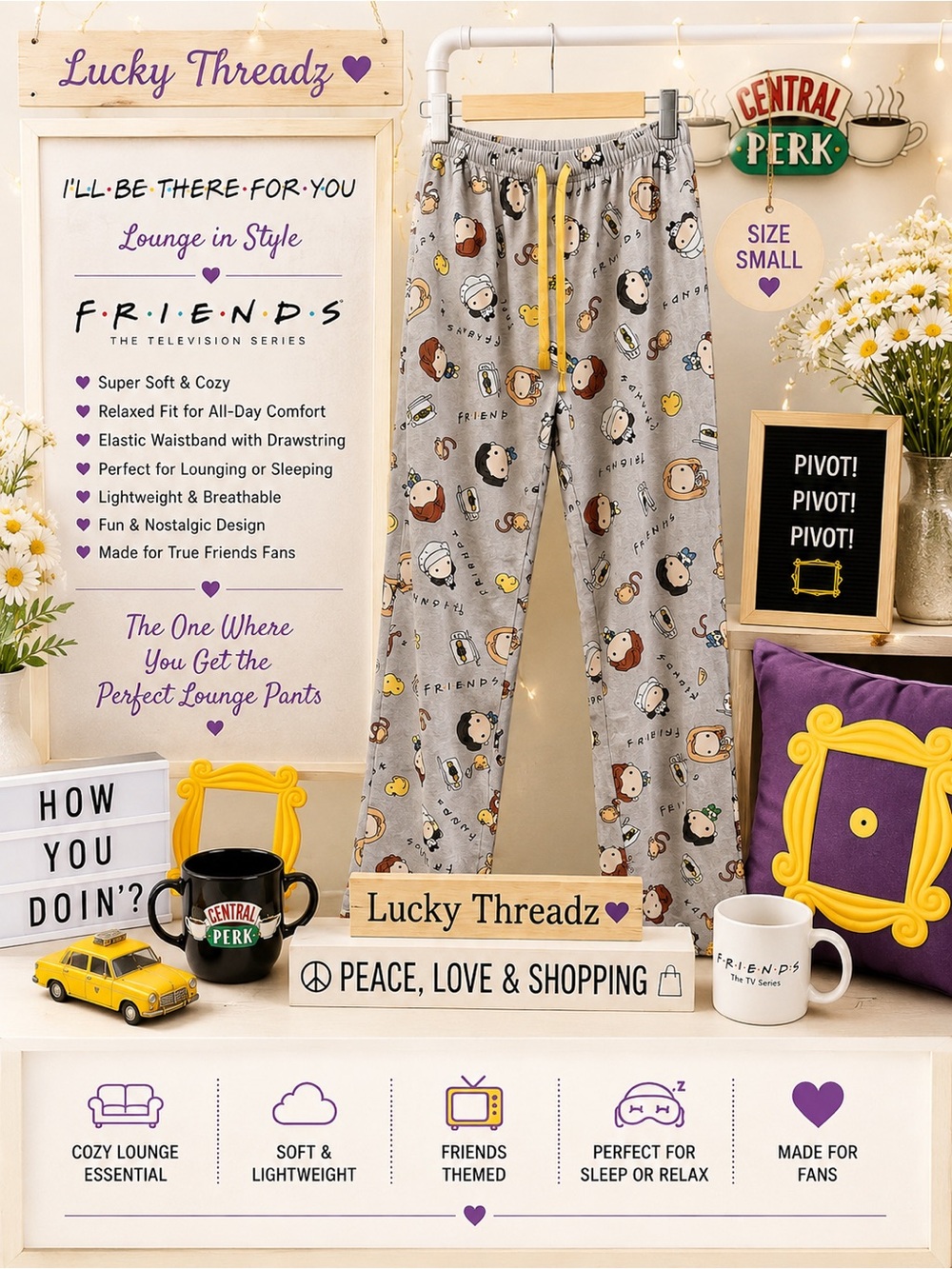 FRIENDS Gray Lounge Pants with Yellow Drawstring and Character Print